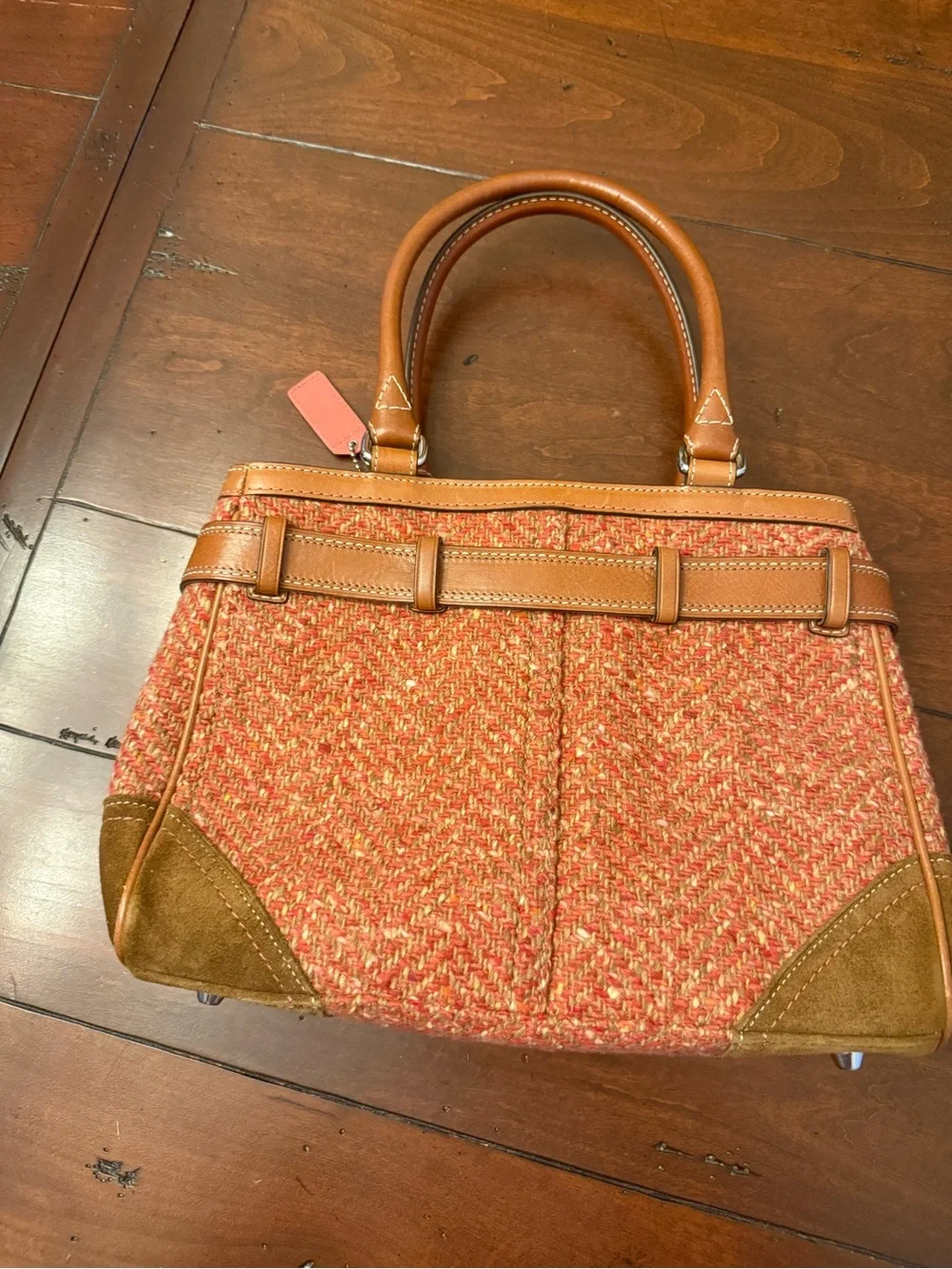 Coach Red Tweed and Brown Leather Top-Handle Satchel - Picture 6 of 15
